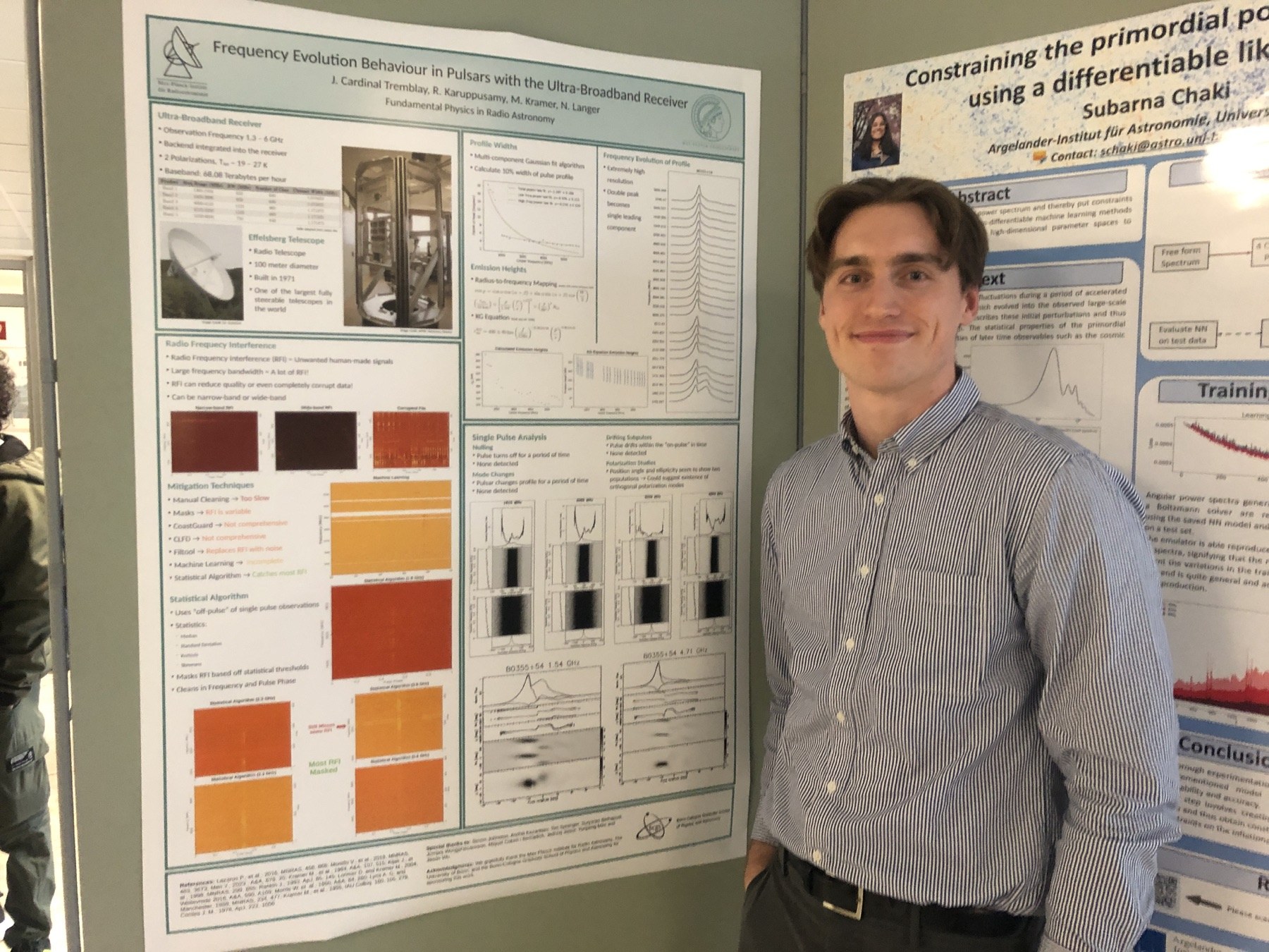 Jacob Cardinal Tremblay standing beside a research poster on wideband pulsar observations