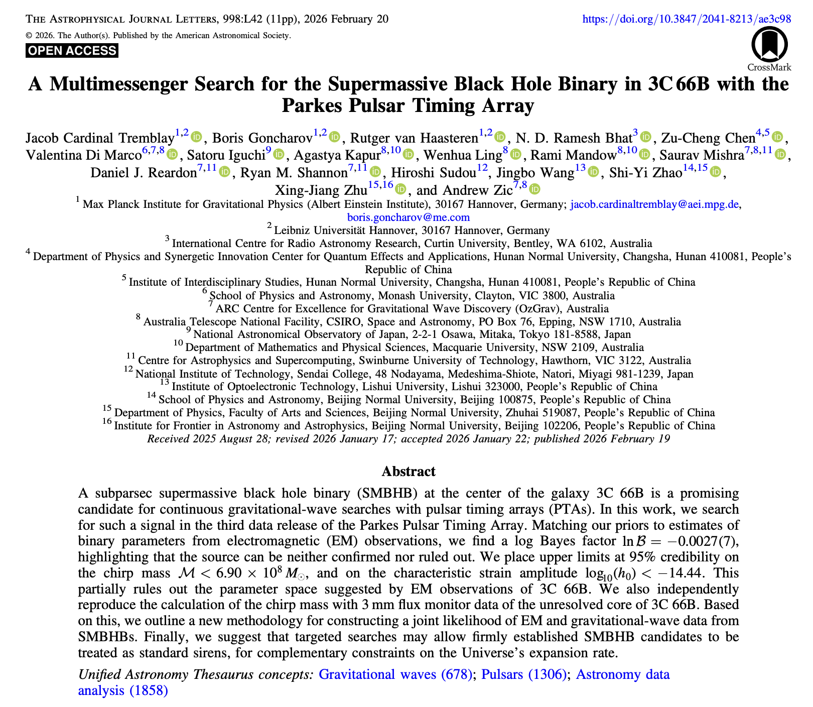 First page of the published 3C 66B multimessenger study